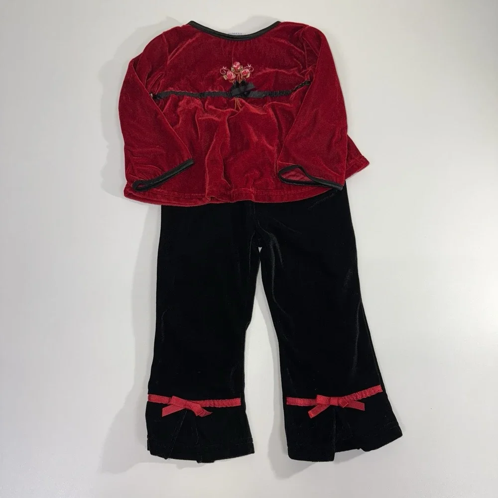 Vintage Velvet Outfit Size 3T‎ Red Top Black Pants Ribbon Rose Trim Simply Basic